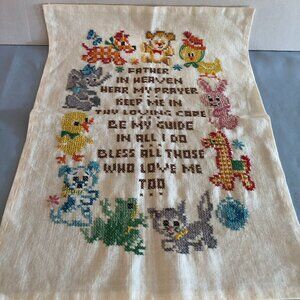 VINTAGE HANDMADE Cross Stitch FATHER IN HEAVEN HEAR MY PRAYER Towel #F36